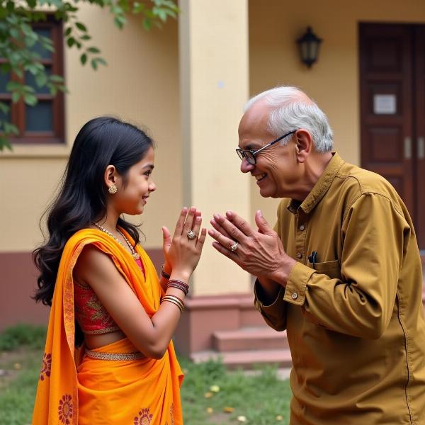 A person greeting an elder with folded hands