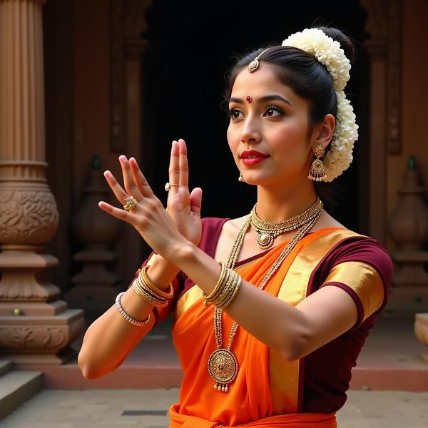 Abhinaya and Nritya in Indian Expression: Showing a classical Indian dancer performing with intricate hand gestures and expressive facial expressions.