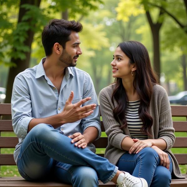 A young couple talking in a park, discussing their relationship status.