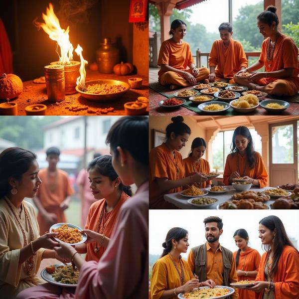 Various forms of bandgi being practiced, including puja, seva, and bhajan.