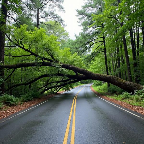 Road blocked by a fallen tree