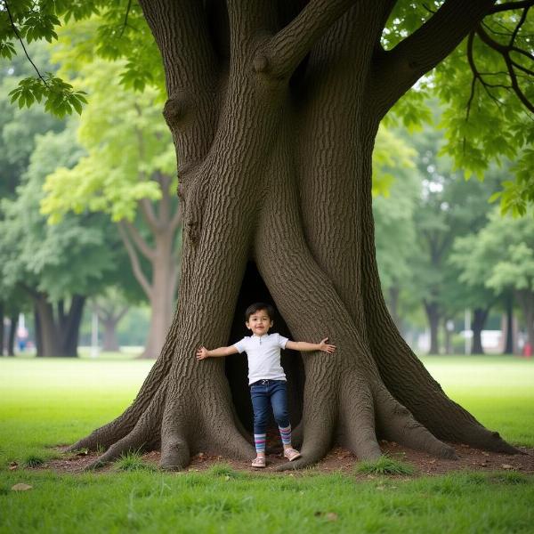 Child Hiding Behind a Tree