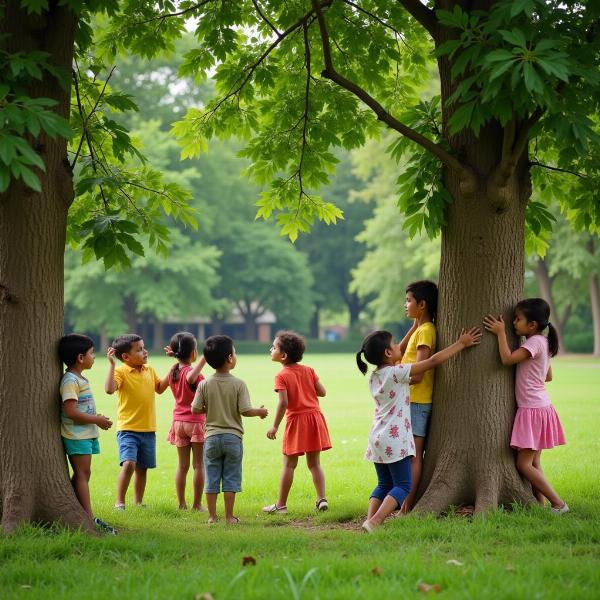 Children Playing Peekaboo in a Park