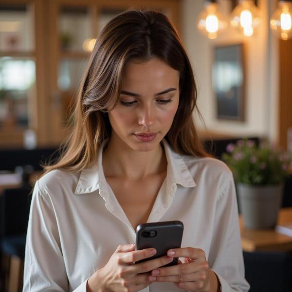 A woman contemplating which phrase to use