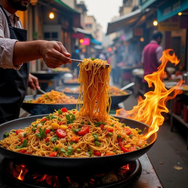 Chowmein being prepared on a street food stall in India