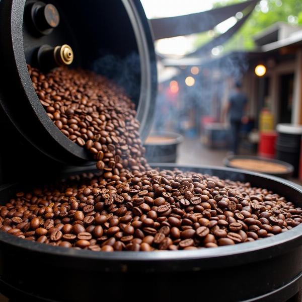 Coffee beans being roasted in a traditional roaster.