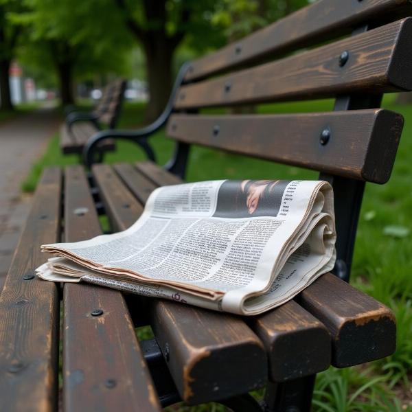 Discarded crumpled newspaper on park bench