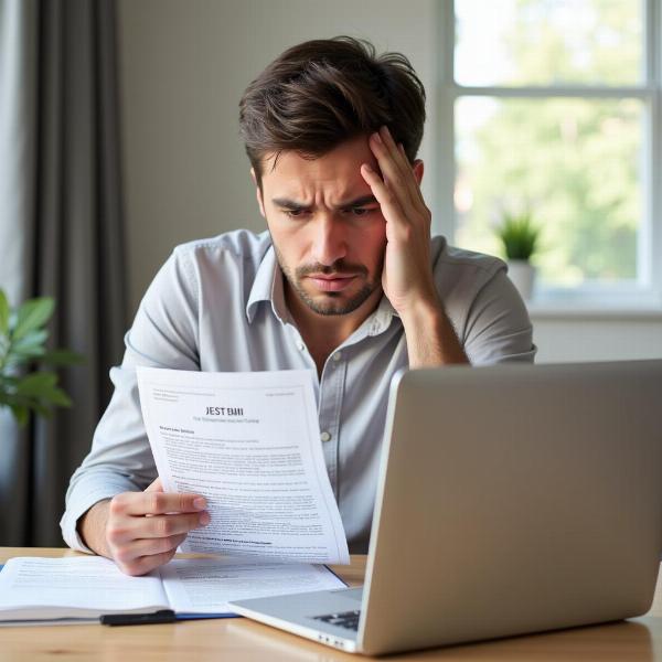 EMI Overdue Meaning in Hindi - A person looking stressed at a laptop, possibly reviewing overdue EMI notices.