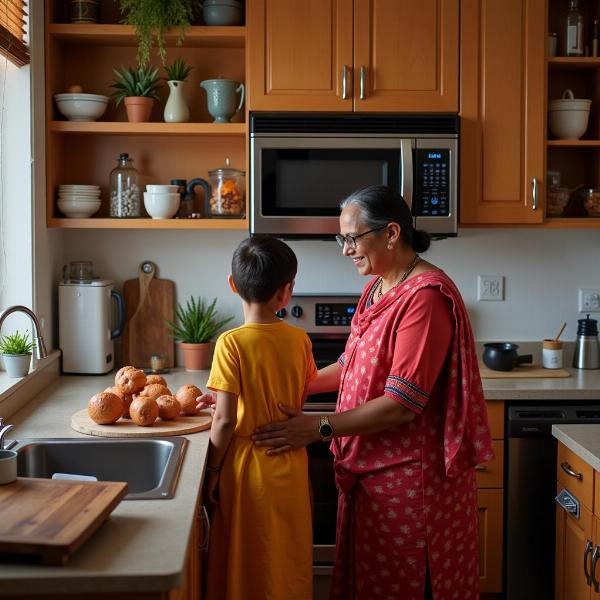 Family Using Microwave