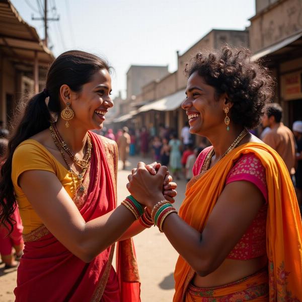 Friends greeting each other in India