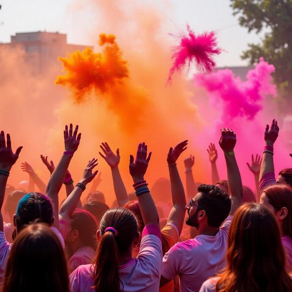 People throwing Gulal in the air during Holi festival in India