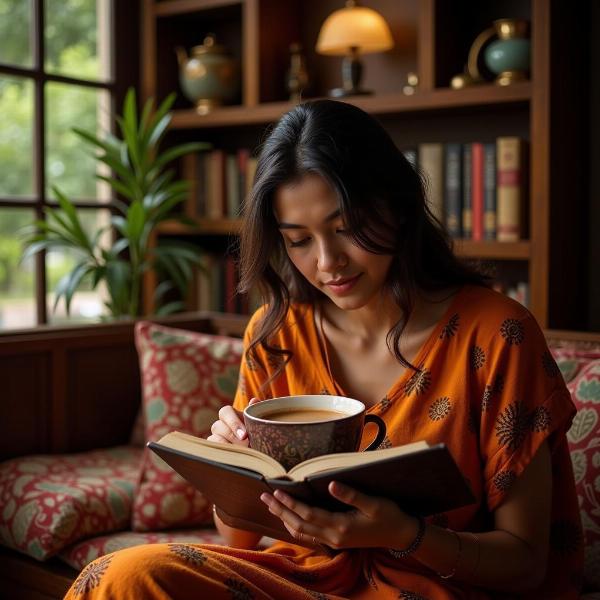 A person sitting comfortably reading a book with a cup of chai.