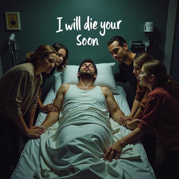 A person lying in bed, seemingly ill, with family members around