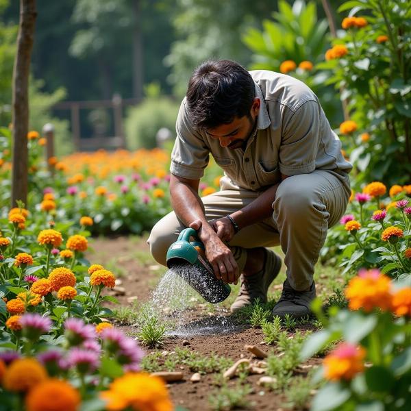 Indian gardener tending to plants