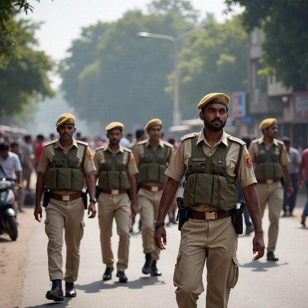 Indian Police Patrolling a Street