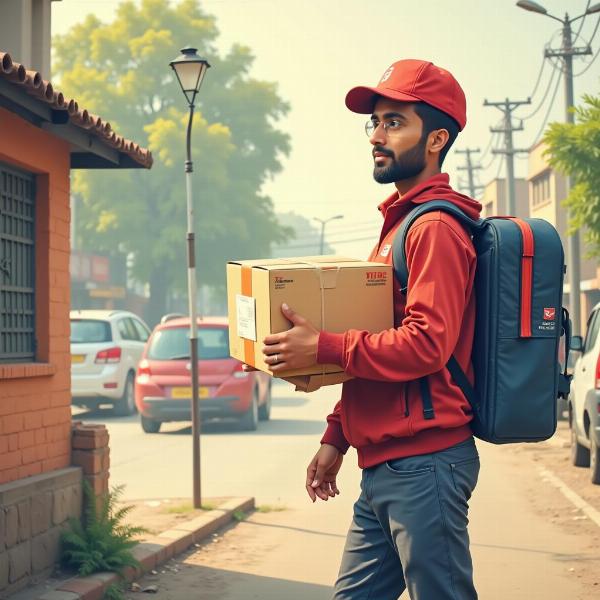 Indian postal worker delivering mail