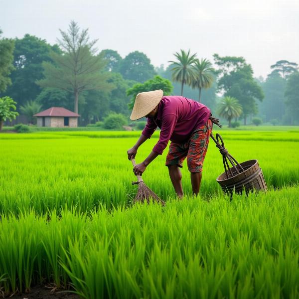 Indian Farmer Working on Rice Paddy