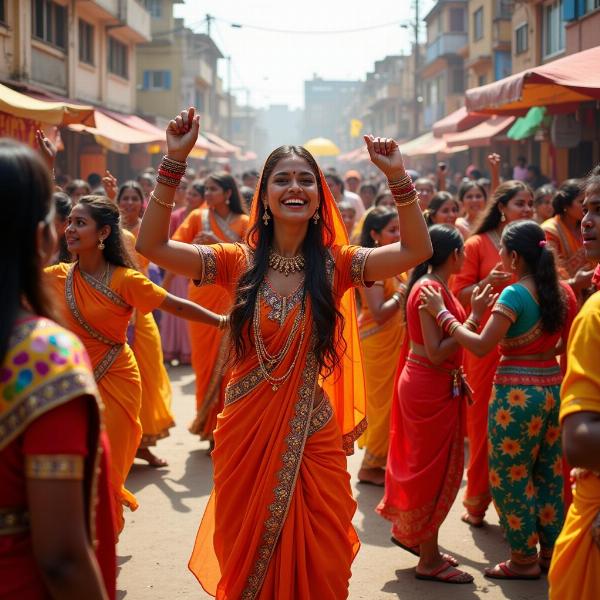 People celebrating a festival, expressing ithlana through dance and attire.