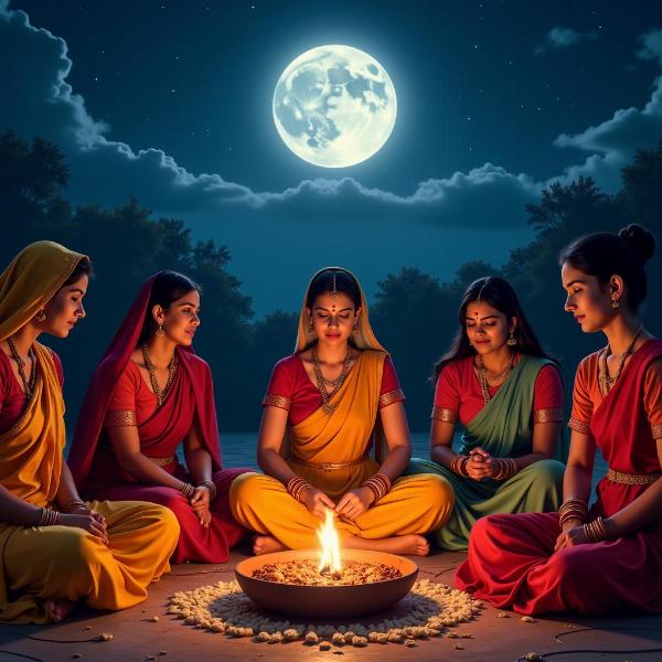 Women celebrating Karwa Chauth under the moonlight