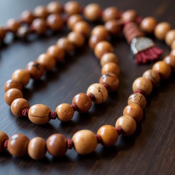 Close-up of a mala bead necklace, often used for counting mantras.