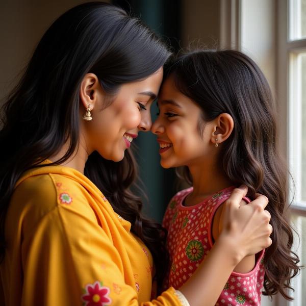 A touching image of a mother and daughter embracing, symbolizing the strong bond between them in Indian culture.