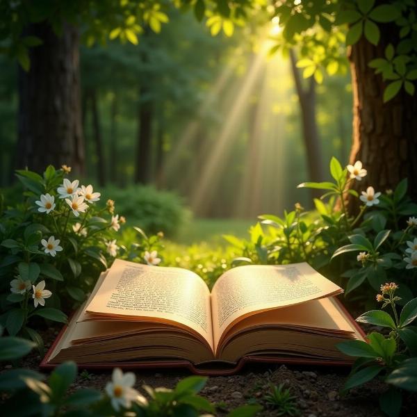 Open book with light shining on it, surrounded by nature