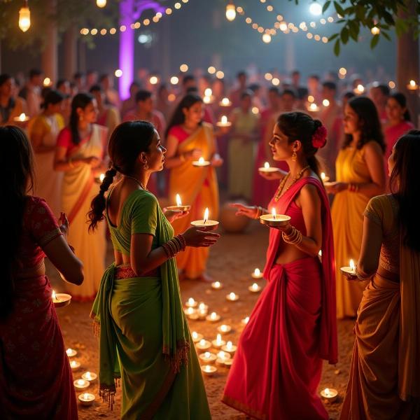 Devotees celebrating Navratri with traditional dances and rituals, while the Aigiri Nandini hymn plays in the background.