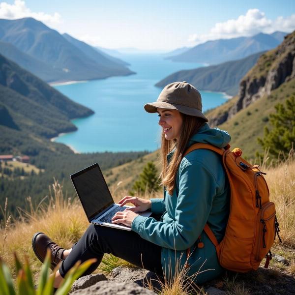 A person working remotely from a laptop in a scenic location, blending work and exploration.