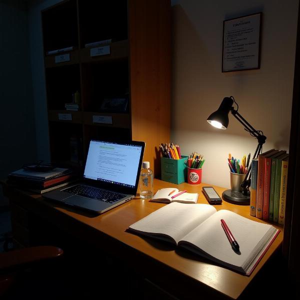 A student's desk well-organised for studying