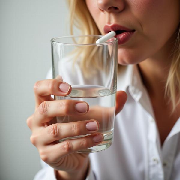 A person swallowing a pill with water