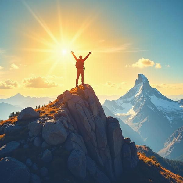 Person with a positive attitude reaching a mountain peak