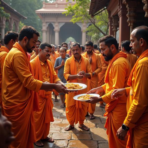 Devotees receiving rasad at a temple