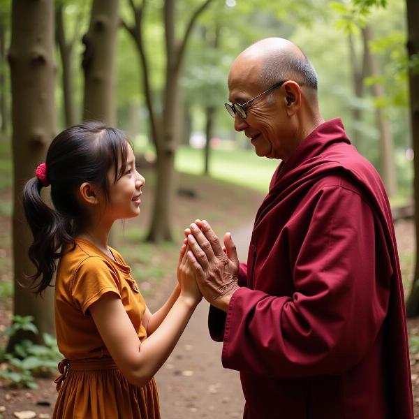 An older person being greeted with Namaste