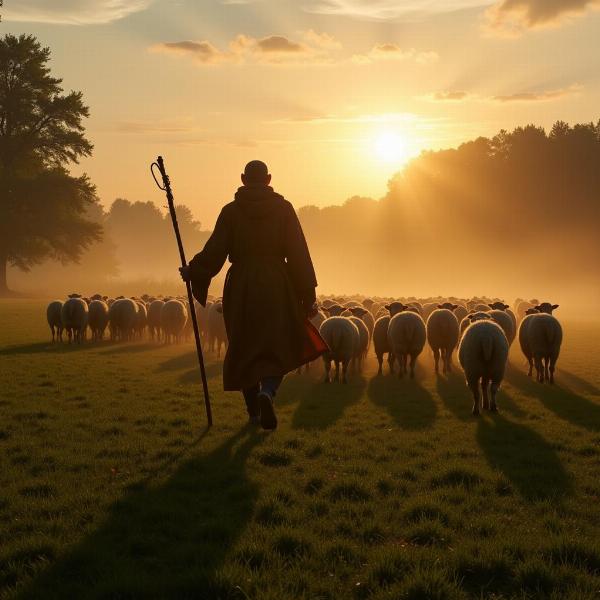 Shepherd Leading Flock to Pasture