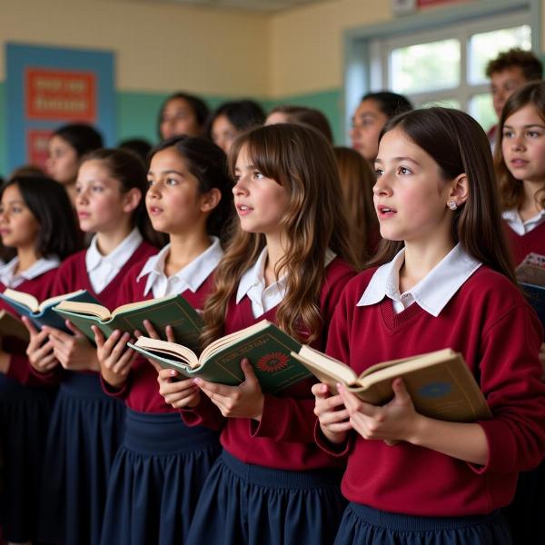 Students singing Saraswati Vandana