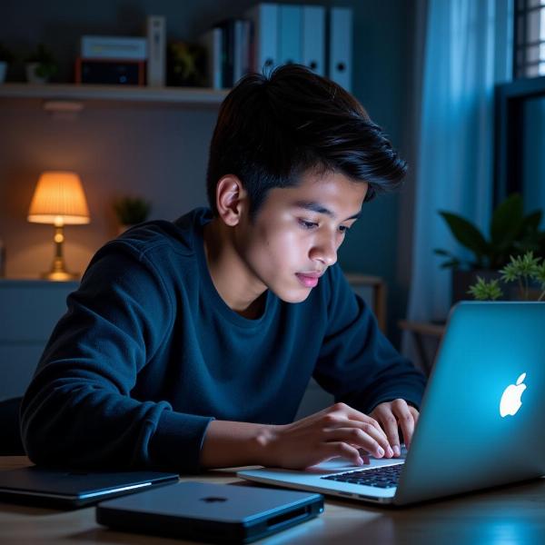 A techie engrossed in work on a laptop