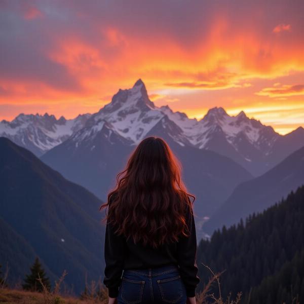 Stabdh: A woman gazing at a breathtaking Himalayan sunrise, feeling a sense of awe and wonder.