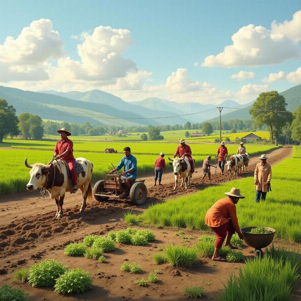 Farmers engaged in agricultural activities in an Indian village