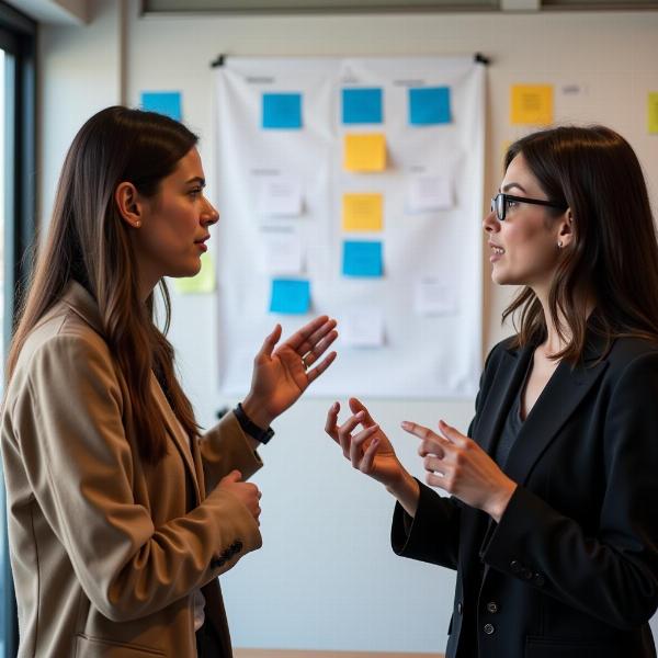 Two colleagues discussing a project