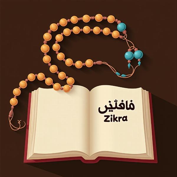 Prayer beads and a book open to a page with the name Zikra written in Arabic script.