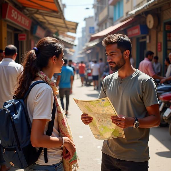 A person asking for directions in a busy Indian market.