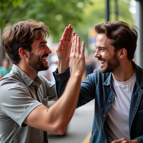 Image of two friends celebrating with a high five - Badhai Ho Bhai