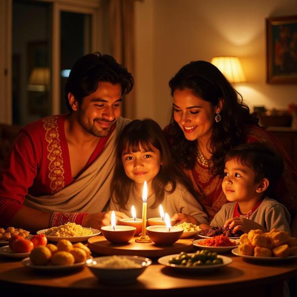 A family celebrating Diwali with lights and sweets