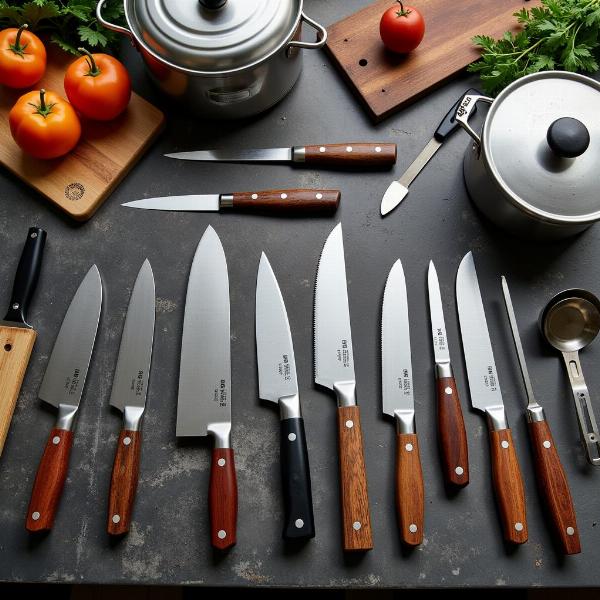 A chef's accoutrements: knives, pots, and pans