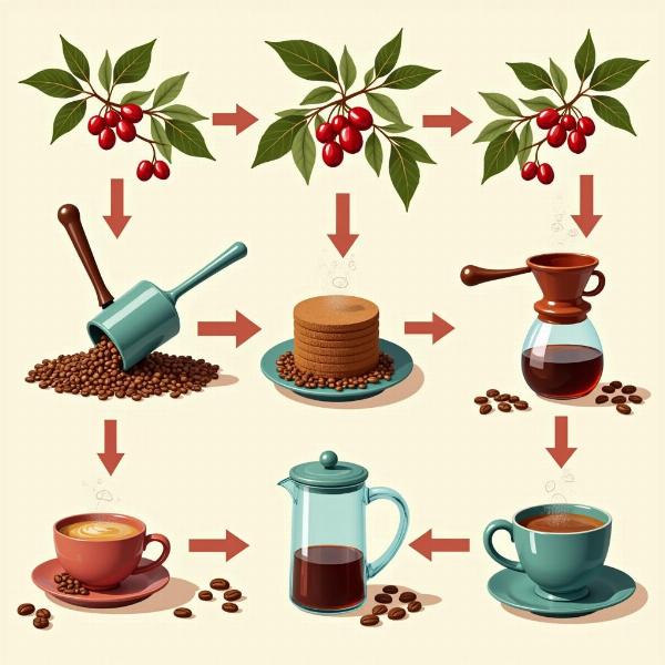 Different stages of coffee preparation, from beans to brewing.