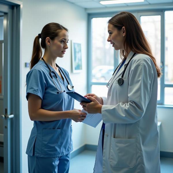 Doctor Consulting with Nurse in Staff Ward