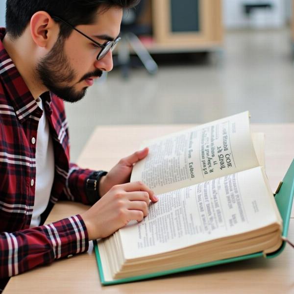 A person learning Hindi from a book.