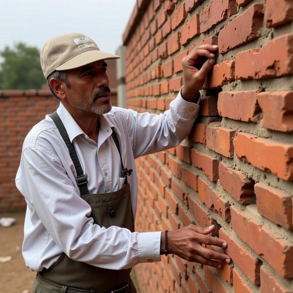 An experienced Rajmistri inspecting a completed wall