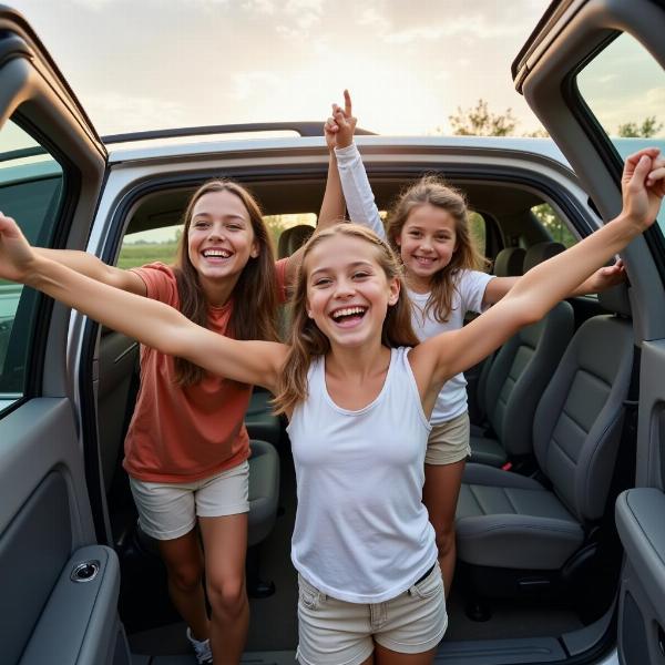 Family arriving at their destination, happy and relieved