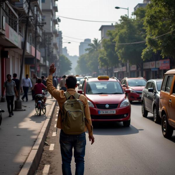 Hailing a cab on a busy Indian street